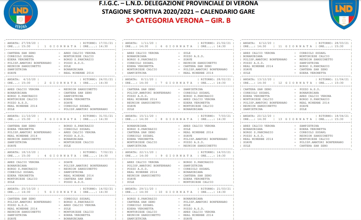 Terza Categoria I Calendari Di Verona Vicenza E Il Nuovo Di Treviso calendario terza categoria 2021